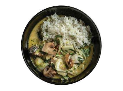 Kókusztejes zöld curry gombával, padlizsánnal és karfiollal